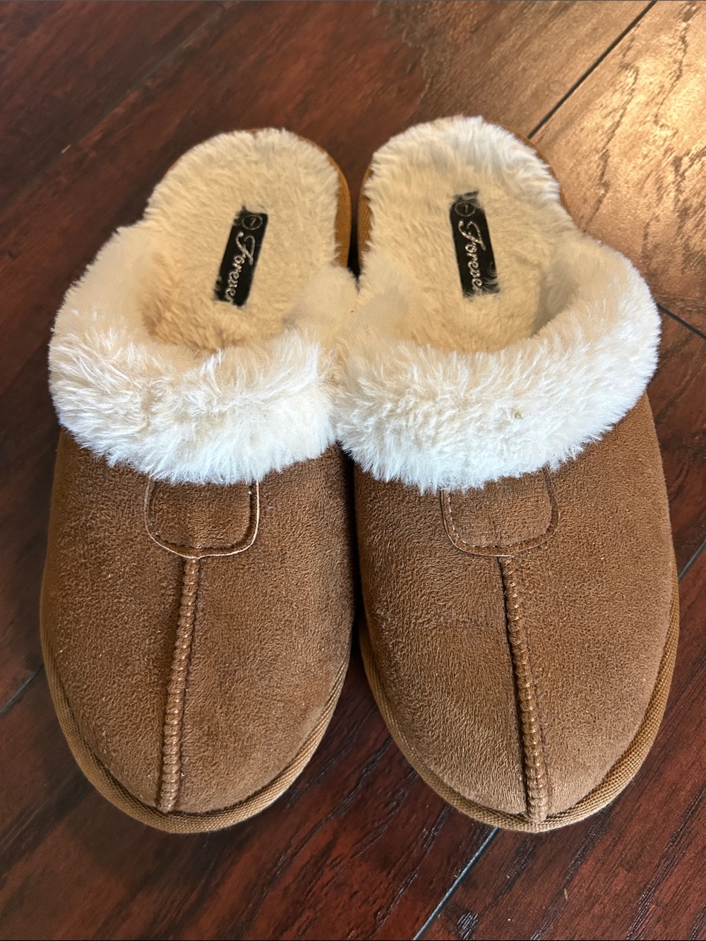 Forever 21 Brown Suede-Look Slippers with Cream Faux Fur
